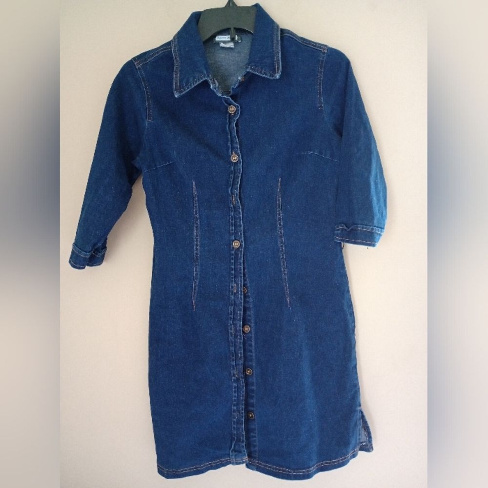 Aqua Blues Denim Color Button Up Shirt Dress Size Medium